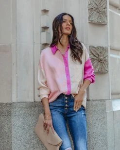 SKYL-002 Belden Colorblock Button Down Top - Pink Multi - FINAL SALE