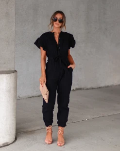 IDEM-001 Fatima Cotton Pocketed Flutter Sleeve Jumpsuit - Black