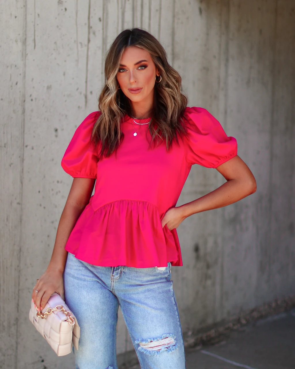ENDL-001 Kaisley Puff Sleeve Peplum Top - Hot Pink - Image 3