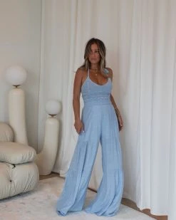 HYFV-001 Delaney Crochet Halter Wide Leg Jumpsuit - Light Blue