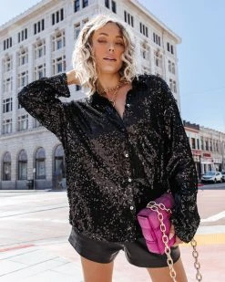 POL-001 Be A Star Sequins Button Down Top - Black - FINAL SALE