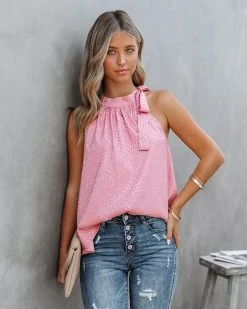 FLAW-001 Beltran Satin Embossed Tie Blouse - Rose - FINAL SALE