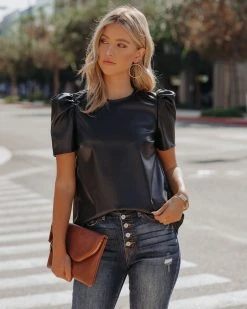 THML-001 Benefit Puff Sleeve Faux Leather Top - Black - FINAL SALE