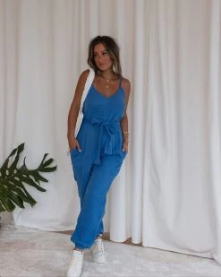 HYFV-001 Maureen Cotton Pocketed Waist Jumpsuit - Blue