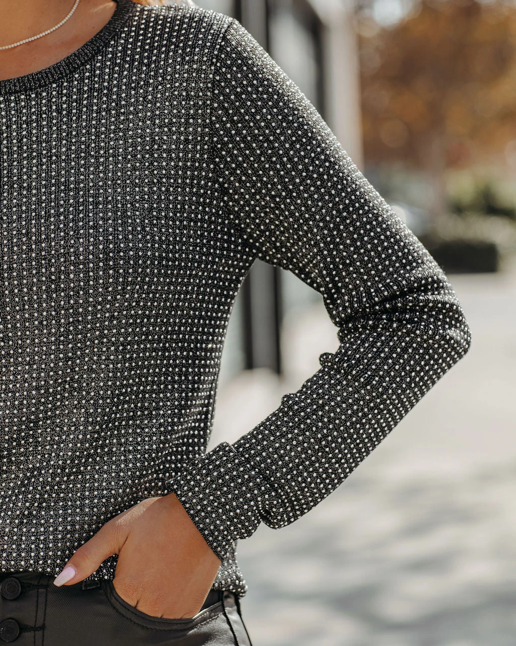 ON T-001 Blur Of Fun Rhinestone Long Sleeve Knit Top - Black - FINAL SALE - Image 4