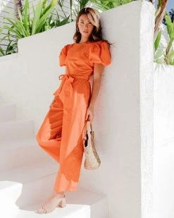 SUGA-001 Briella Cotton Pocketed Puff Sleeve Jumpsuit - Orange - SALE