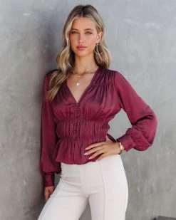DRES-001 Capulet Satin Smocked Long Sleeve Top - Mauve - FINAL SALE