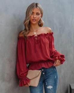 DRES-001 Caydence Chiffon Off The Shoulder Blouse - Wine - FINAL SALE