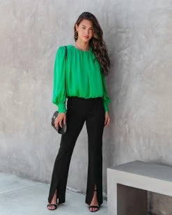 DO+B-001 Celene Padded Shoulder Blouse - Emerald - FINAL SALE