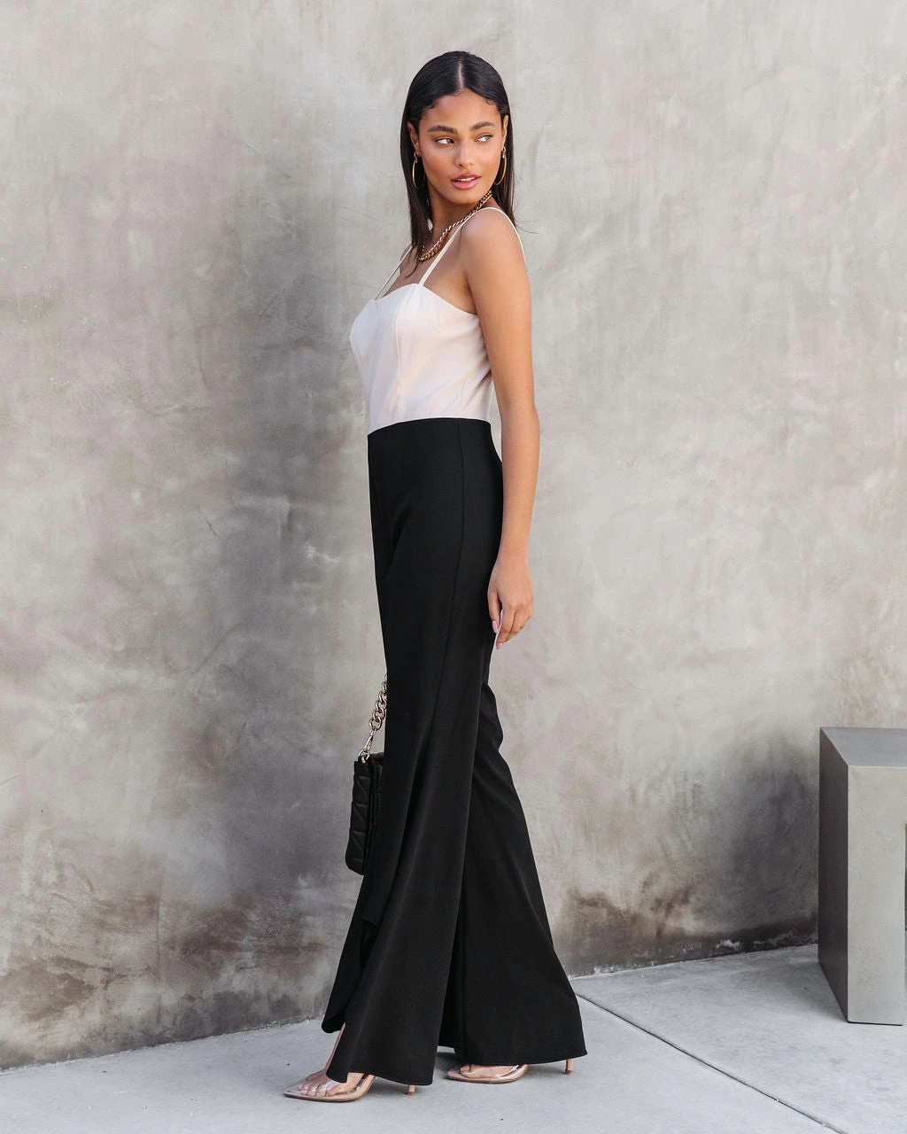 ENDL-001 Cherie Colorblock Flare Jumpsuit - Beige/Black - SALE - Image 5