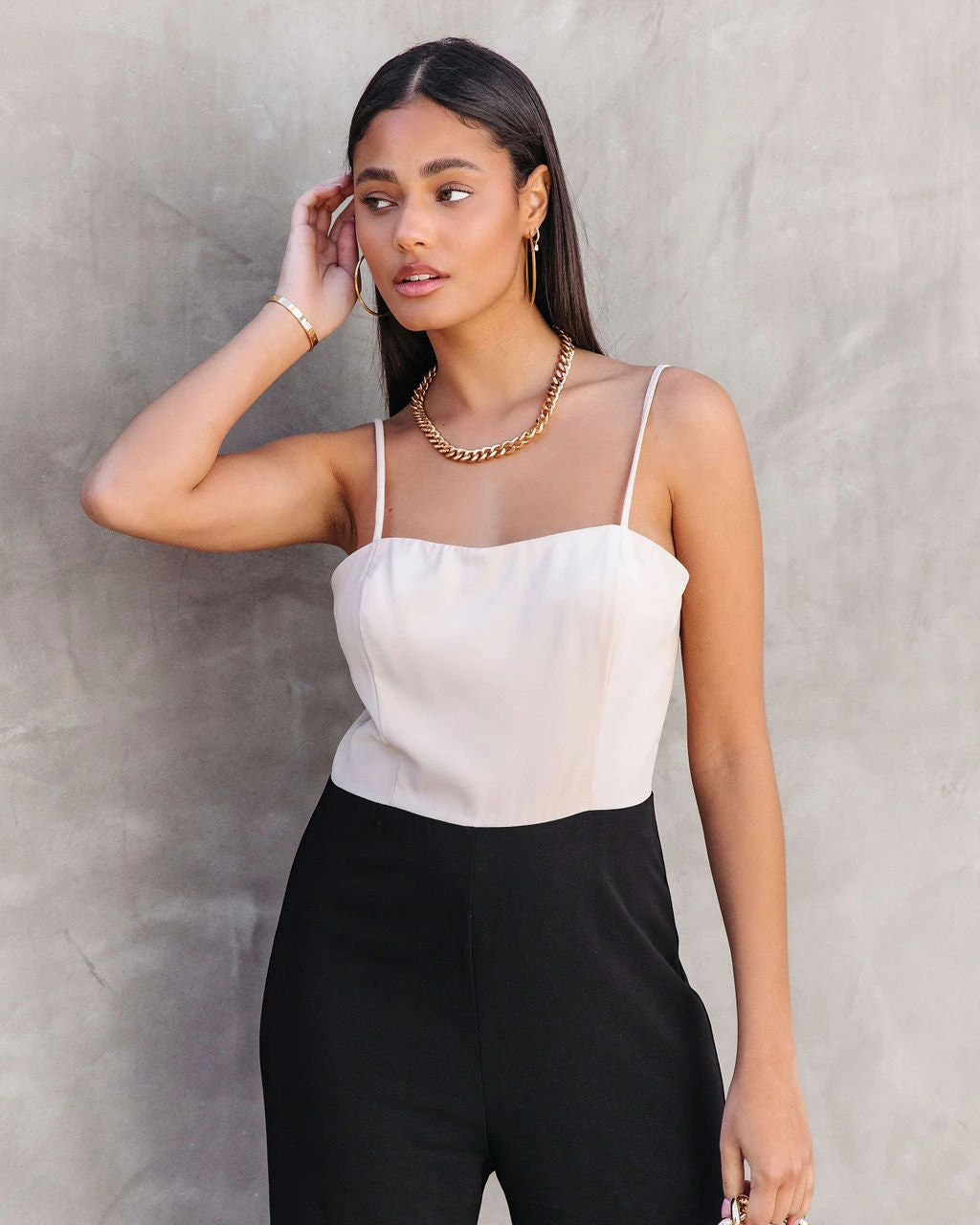 ENDL-001 Cherie Colorblock Flare Jumpsuit - Beige/Black - SALE - Image 2