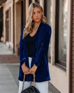 ENDL-001 Chicest Pocketed Velvet Blazer - Blue - FINAL SALE