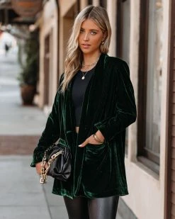 ENDL-001 Chicest Pocketed Velvet Blazer - Green - FINAL SALE