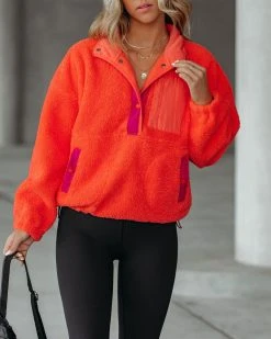 ALL-001 Comfy Cute Pocketed Sherpa Pullover - Flame - FINAL SALE
