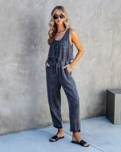 THRE-001 Courtney Tencel Pocketed Jumpsuit - Charcoal Acid Wash - SALE