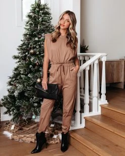 STRU-001 Cutting Edge Cotton Pocketed Paper Bag Waist Jumpsuit - Mocha - FINAL SALE
