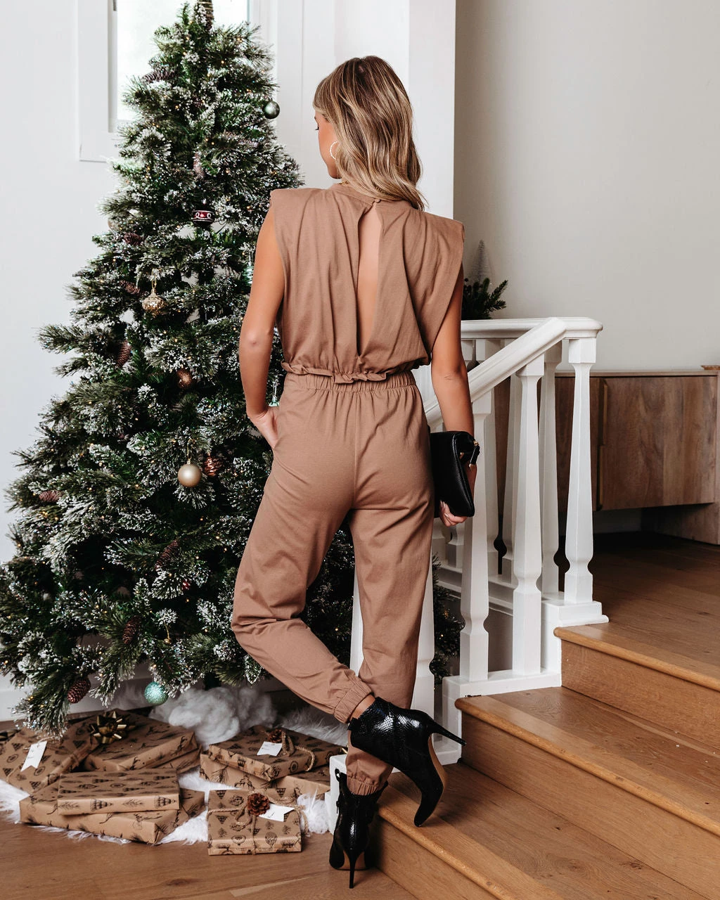 STRU-001 Cutting Edge Cotton Pocketed Paper Bag Waist Jumpsuit - Mocha - FINAL SALE - Image 4