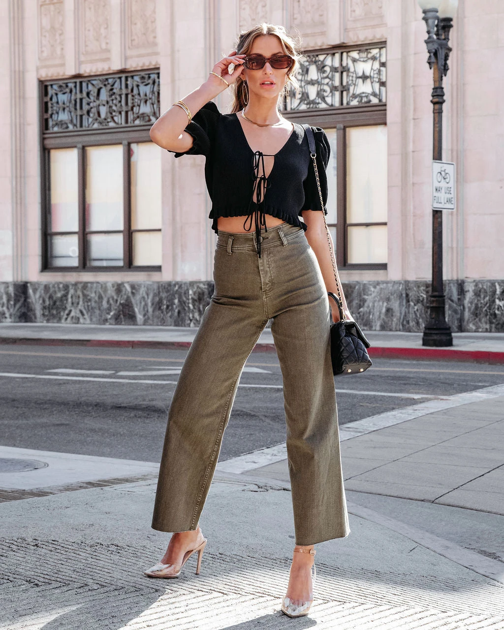 MIOU-001 Rowen High Rise Stretch Wide Leg Jeans - Olive - SALE - Image 3