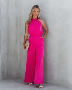 DO+B-001 Darlena Satin Pocketed Jumpsuit - Magenta - FINAL SALE