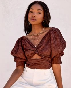 DEE-001 Debbie Plisse Puff Sleeve Cutout Top - Chocolate