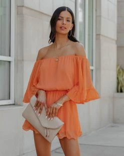 ENDL-001 Definitely Demure Off The Shoulder Chiffon Romper - Orange - FINAL SALE