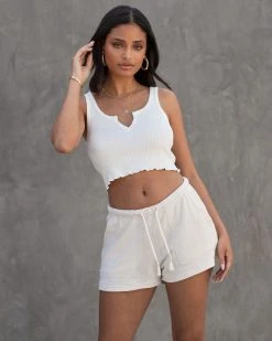 VINT-001 Devon Ribbed Lettuce Hem Crop Tank - White