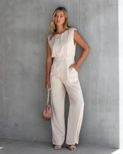 DO+B-001 Diva Moments Satin Pocketed Jumpsuit - Champagne - LAST CHANCE