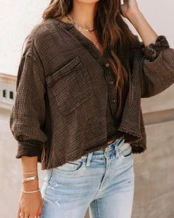 MUST-001 Kassandra Cotton Frayed Button Down Top - Chocolate - FINAL SALE