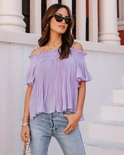 ENDL-001 Midnight Sun Chiffon Plisse Cold Shoulder Top - Lavender - SALE