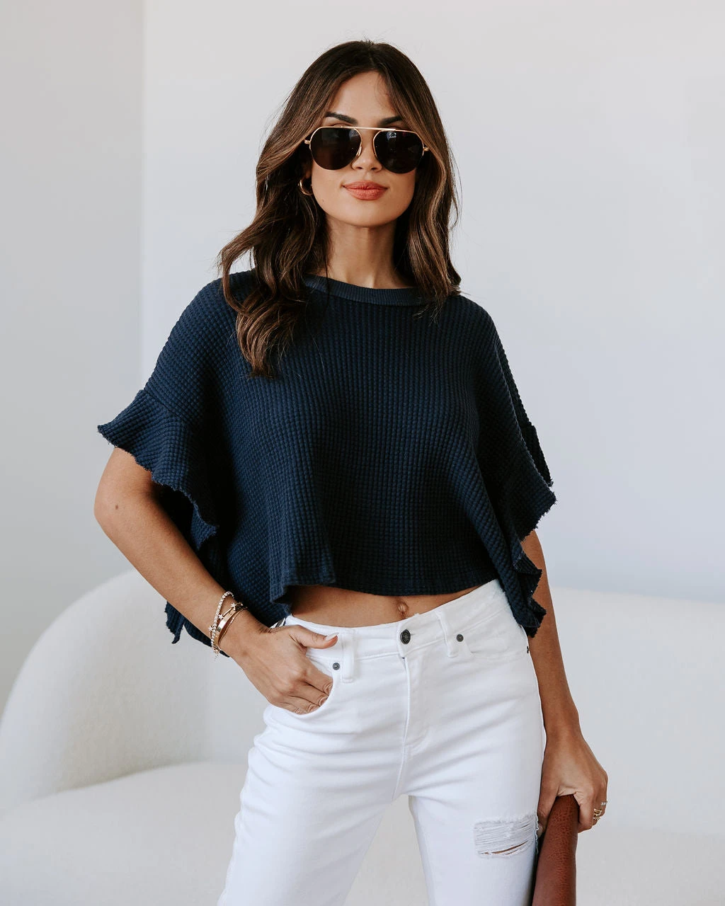 BUCK-001 Shay Waffle Knit Ruffle Top - Navy - SALE - Image 5