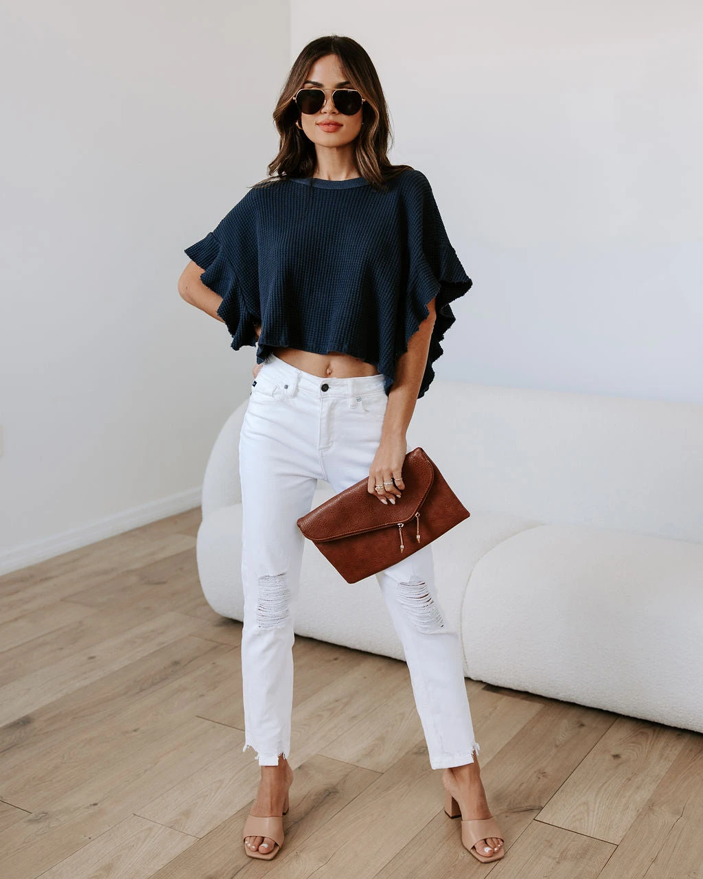 BUCK-001 Shay Waffle Knit Ruffle Top - Navy - SALE - Image 3