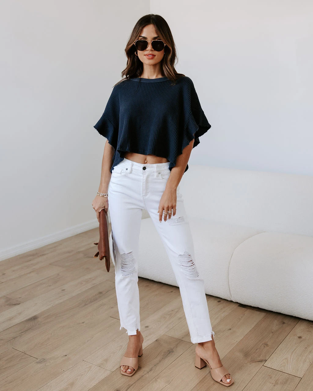 BUCK-001 Shay Waffle Knit Ruffle Top - Navy - SALE - Image 7