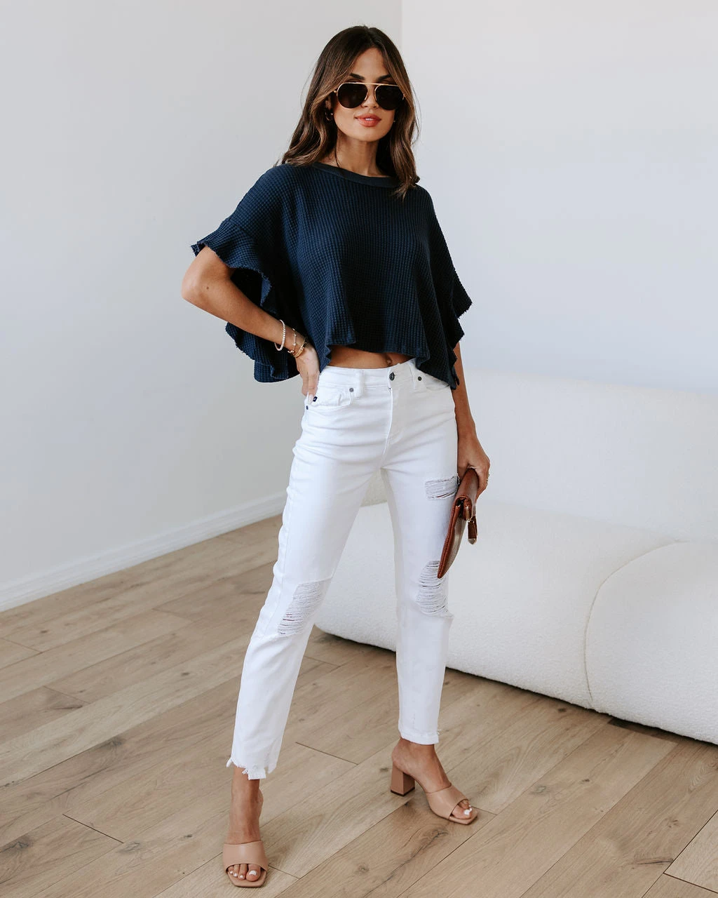 BUCK-001 Shay Waffle Knit Ruffle Top - Navy - SALE - Image 6