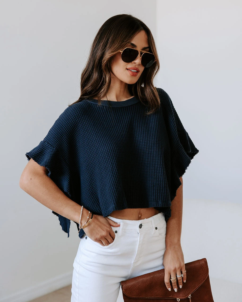 BUCK-001 Shay Waffle Knit Ruffle Top - Navy - SALE