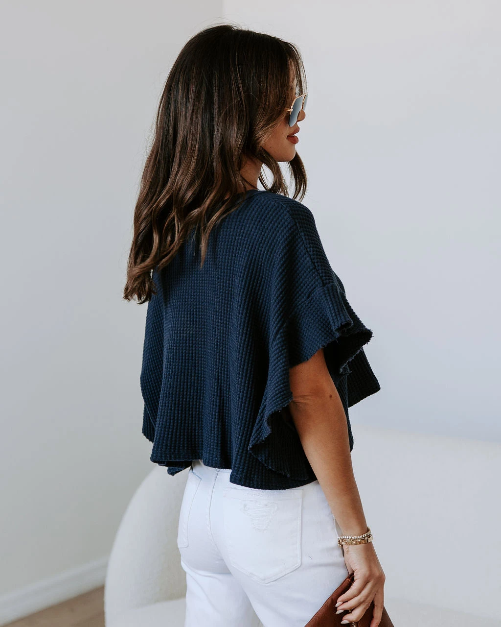 BUCK-001 Shay Waffle Knit Ruffle Top - Navy - SALE - Image 4