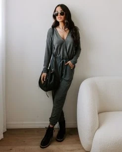 FATE-001 Colette Pocketed Drawstring Jumpsuit - Dark Grey - FINAL SALE
