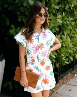 POLA-001 Maritza Floral Denim Romper - White