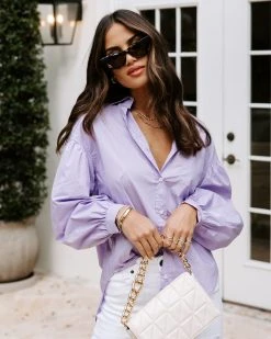 OLIV-001 Daydreaming Cotton Balloon Sleeve Button Down Top - Lilac - SALE
