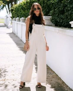 TEA-002 Blake Cotton Blend Pocketed Overalls - Cream - SALE