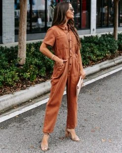 TEA-002 Halsey Cotton Pocketed Jumpsuit - Terracotta - FINAL SALE