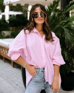 MABL-001 Wright Cotton Stripe Button Down Top - Pink - SALE