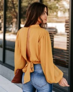 SALT-001 Marquee Mock Neck Billowed Blouse - Mustard - FINAL SALE