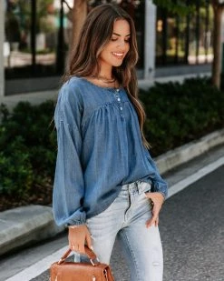 LOVE-003 Blue Crew Chambray Henley Tencel Top - FINAL SALE