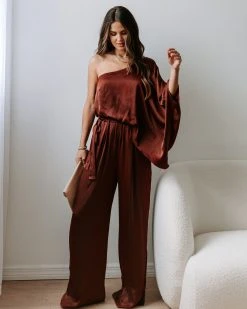 STRU-001 Yolanda Satin Pocketed One Shoulder Jumpsuit - Brown - FINAL SALE