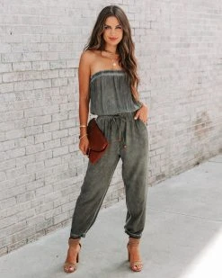 MUST-001 Reevy Strapless Pocketed Jumpsuit - Charcoal - FINAL SALE