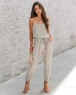 MUST-001 Reevy Strapless Pocketed Jumpsuit - Taupe - FINAL SALE