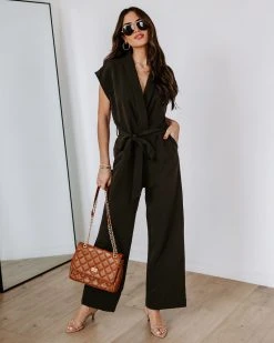 DRES-001 Fabiola Pocketed Tie Waist Wide Leg Jumpsuit - Dark Olive - FINAL SALE