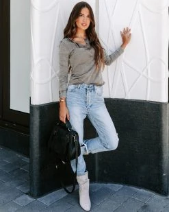 MUST-001 Daralynn Cotton Long Sleeve Henley - Washed Grey - FINAL SALE