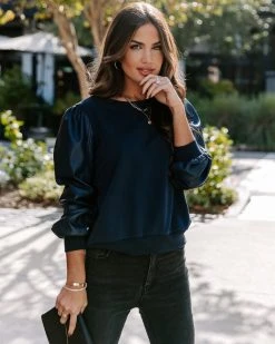 WHIT-001 Bronx Faux Leather Contrast Sweatshirt - Navy - FINAL SALE