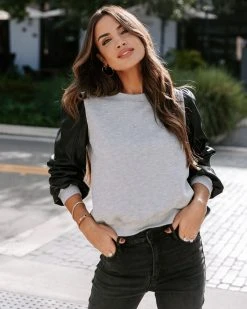 WHIT-001 Bronx Faux Leather Contrast Sweatshirt - Grey - FINAL SALE